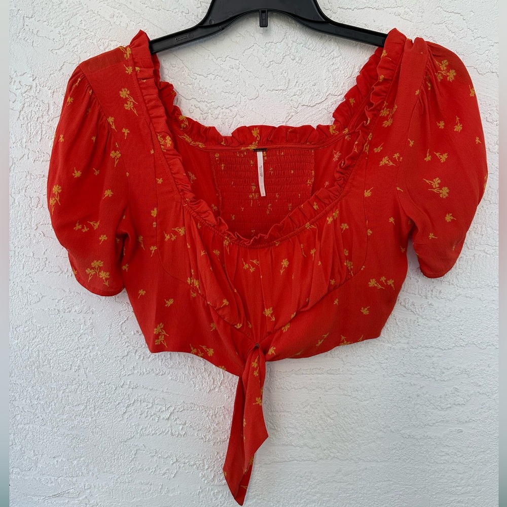 Free People Boho Floral Red Orange Crop Top Size 2